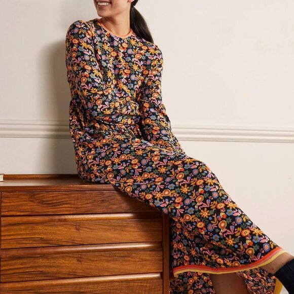 BODEN Trim Detail Maxi Dress Black, Multi Flora Bloom 4 - Picture 3 of 14